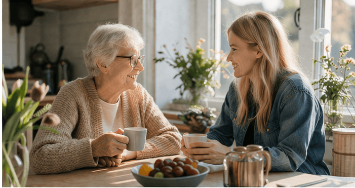 Omsorgshjelper og eldre dame i hyggelig samtale over kaffe